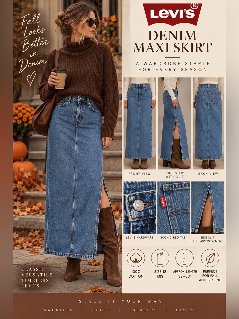 Levi’s Denim Maxi Skirt Size 12 Side Slit Long Blue Jean Y2K Western